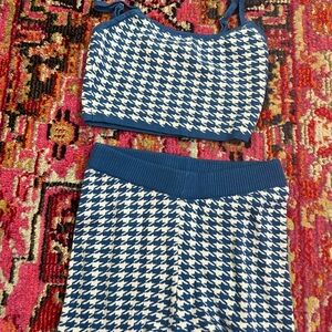 Blue and White Houndstooth Crop Top and Shorts Set